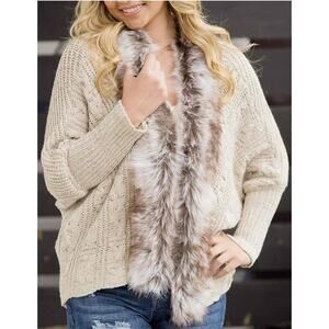 Military Hippie Felicity Fur Collar Trim Batwing Knit Cardigan One Size NWOT